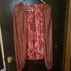 Free People Red Smocked Tie Front Blouse